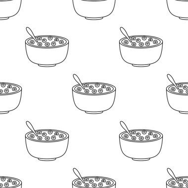 Tabakta süt, düz vektör çizimi, kahvaltılık gevrek arka planı olan tahıl halkalarının ana hatları.