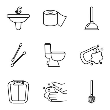 Temel banyo hijyen ikonlarından oluşan basit bir sanat seti. Vektör illüstrasyonu