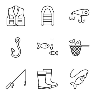 Ana hatlı, olta, olta, olta, balık ve bot koleksiyonuna sahip bir grup balıkçı ikonu. Vektör illüstrasyonu.