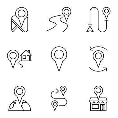 Harita pin ve konum belirleyici simgelerinin ana hatlarıyla toplanması. GPS, rota, navigasyon ve konum belirleme. Vektör illüstrasyonu.