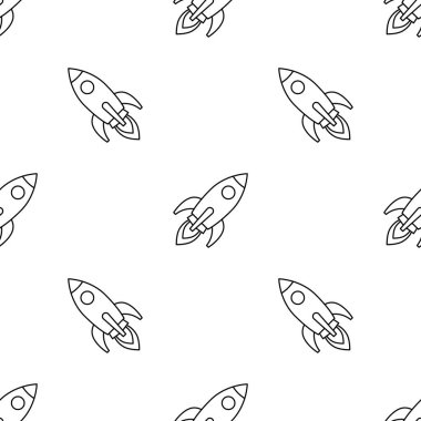 Roket fırlatma ikonlarının kusursuz şablonu asgari anahat tarzında, teknoloji ve yenilik tasarımları için mükemmel. Vektör illüstrasyonu.