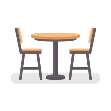 Beyaz arka planda izole edilmiş iki sandalyeli ahşap masa. Yemek masası ve sandalye. vektör illüstrasyonu