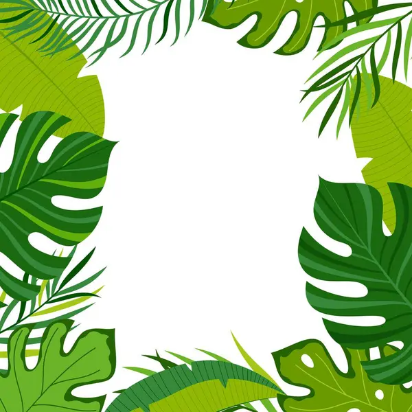 Beyaz arkaplanda tropikal yapraklar, yeşil bitkiler, egzotik yapraklar, düğün davetiyesi veya kart tasarımı için muz yaprağı içeren vektör çizimi