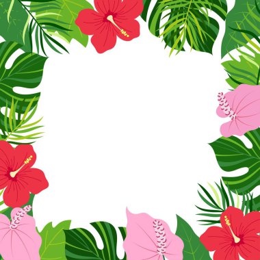 Beyaz arkaplanda tropikal yapraklar ve çiçek çerçeveli vektör çizimi, yeşil bitkiler, egzotik yapraklar, anthurium ve amber desenleri tasarımı için