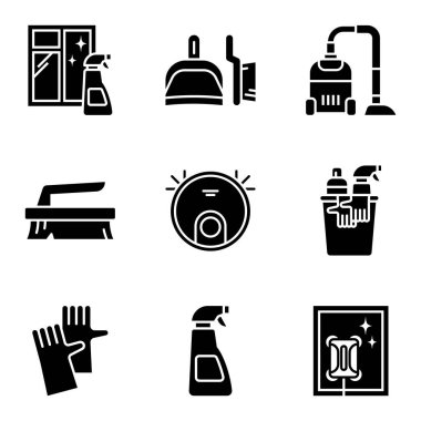 Siyah temizlik ikonu seti spreyler, süpürgeler ve hijyen ekipmanları. Vektör illüstrasyonu