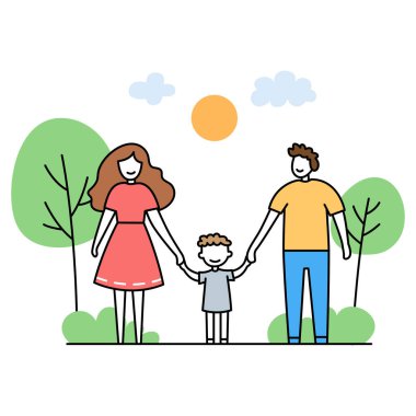 Ebeveynler ve çocuklar dışarıda el ele tutuşuyorlar. Vektör illüstrasyonu