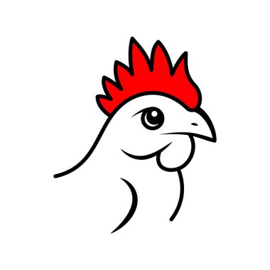 Minimalist vektör tarzında kalın kırmızı taraklı horoz kafası simgesi. Vektör illüstrasyonu.