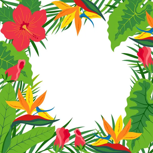 Beyaz zemin üzerinde tropikal yapraklar ve çiçekler çerçeveli vektör çizimi, yeşil bitkiler, egzotik yapraklar, strelitzia ve dizaynı karşılamak için amber çiçeği