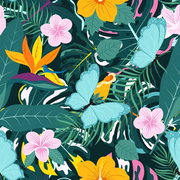Düz stil botanik elementlere sahip tropikal desen, palmiye yaprağı, amber, plumeria ve strelitzia çiçekleri ve kelebek, tekstil ve dekorasyon için tropikal yaprak deseni