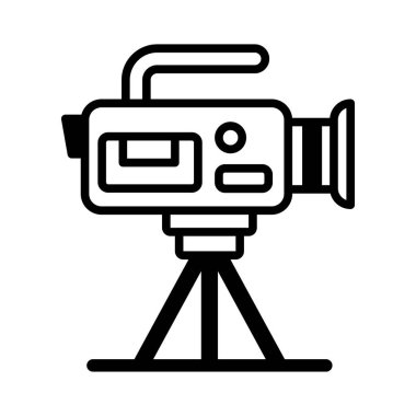 Bir tripodun üzerinde klasik bir film kamerasının taslak vektör simgesi. Düz vektör illüstrasyonu.