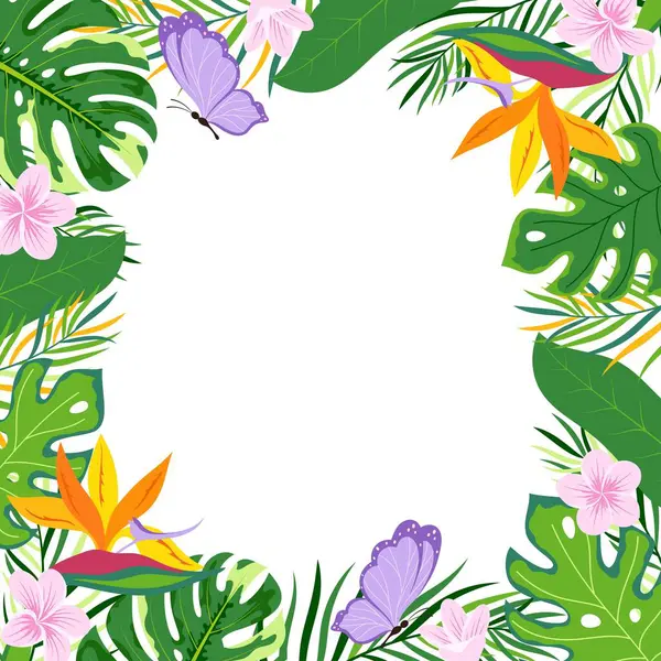 Beyaz arka planda tropikal yapraklar ve çiçek çerçeveli vektör çizimi, yeşil bitkiler, kelebek, egzotik yapraklar, strelitzia ve plumeria karşılama tasarımı için