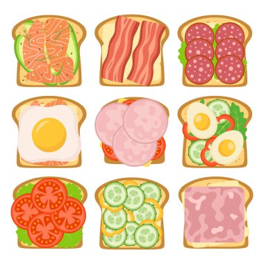 Beyaz zemin üzerinde farklı malzemelere sahip tost setleri, düz stil