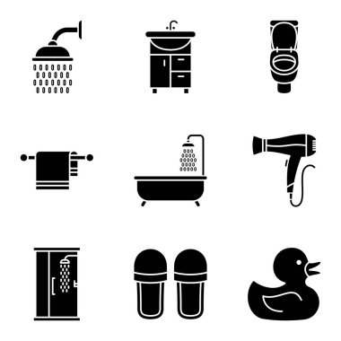 Siyah Siluet Tarzı Banyo Simgeleri. Vektör illüstrasyonu