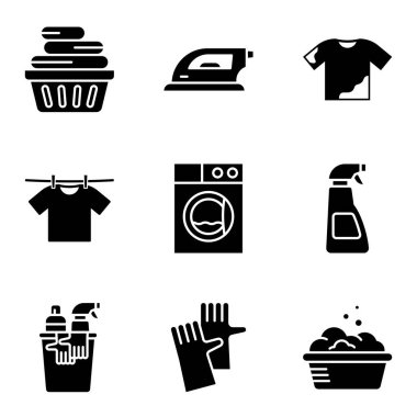 Çamaşır ve Temizlik Esasları Simgesi Seti. Vektör illüstrasyonu