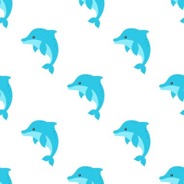 karikatür yunusu kusursuz desen, okyanus hayvanı, balık, düz stil ile şirin bebek deniz izi