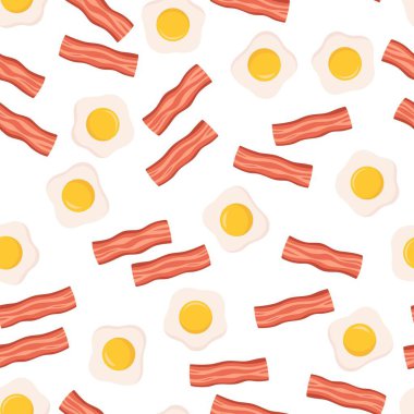 Beyaz arka planda sahanda yumurta ve pastırma ile kusursuz desen, düz vektör çizimi