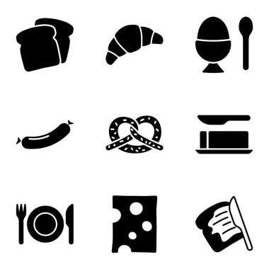 Kahvaltı Yemeği Silueti Simgesi ve Çeşitli Sabah Yemekleri. Vektör illüstrasyonu