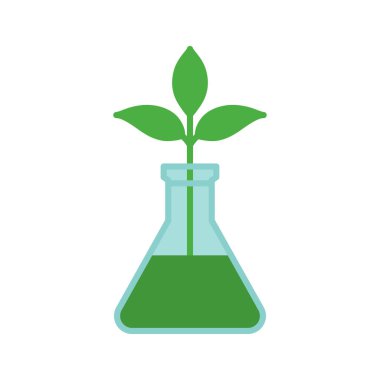 Laboratuvar şişesinin içinde büyüyen yeşil bitki bilimsel araştırmayı ve doğayı sembolize ediyor. Vektör illüstrasyonu