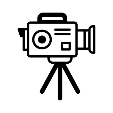 Bir tripodun üzerinde klasik bir film kamerasının taslak vektör simgesi. Düz vektör illüstrasyonu.
