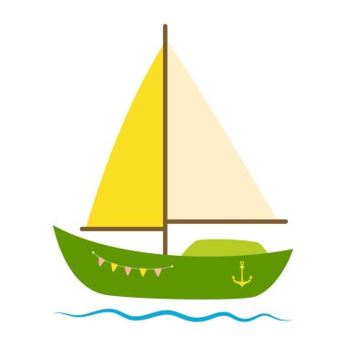 Yelkenli tekne, beyaz arka planda izole edilmiş yelkenli tekne, karikatür tekne ve su dalgaları, düz stil vektör çizimi.