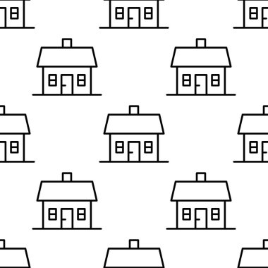 Ev simgelerinin hatları çizilmiş kusursuz desenleri. Vektör illüstrasyonu