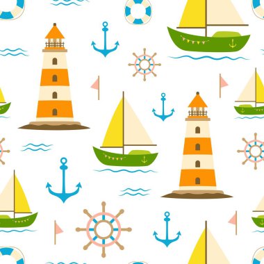 Deniz feneri, yelkenli, direksiyon, çapa, can simidi ve dalgalarla kusursuz deniz motifi beyaz arka planda izole edilmiş kumaş için denizcilik izi.