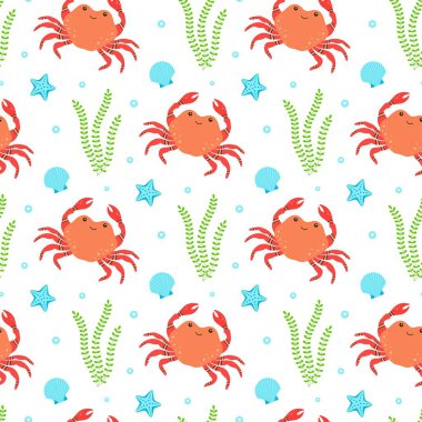 Beyaz zemin üzerinde karikatür yengeçleri, kabukları ve deniz yıldızları olan vektörsüz desen, parmak izleri, çocuk dekoru, duvar kağıdı, ambalaj kağıdı, kırtasiye malzemesi vs.