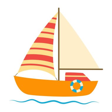 Sevimli karikatür yelkenli tırmanışı, basit tekne düz vektör çizimi, yelkenli ve yaşam halkalı karikatür teknesi.