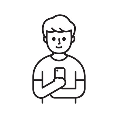 Cep telefonu simgesi kullanan genç bir adam. Sosyal medya ve iletişim konsepti. Vektör illüstrasyonu