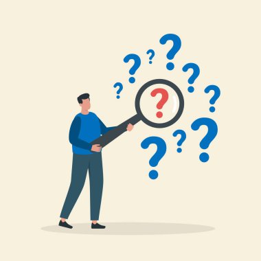 Cevapları soru işaretlerinin arasında büyüteçle arayan bir adam. Problem çözme ve çözüm bulma kavramı. Vektör illüstrasyonu