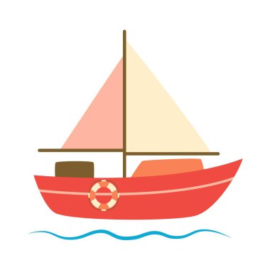 Şirin bir karikatür yelkenlisi, basit bir teknenin düz vektör çizimi, yelkenli ve hayat halkalı bir karikatür teknesi.