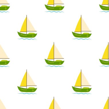 Beyaz arka planda dalgalar üzerinde çizgi film yelkenlisi olan kusursuz deniz şablonu.