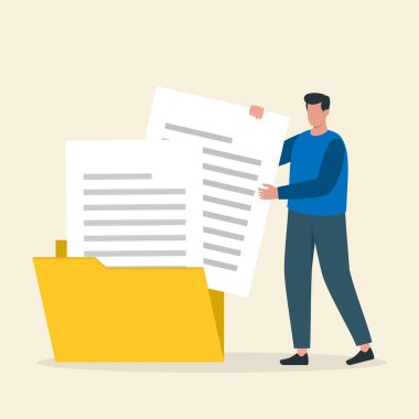 Bir Dizindeki Belgeleri Düzenleyen Adam. Belge Yönetimi ve Arşivleme Konsepti. Vektör İllüstrasyonu