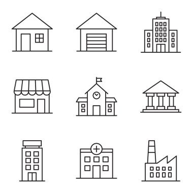 Çeşitli yapı simgeleri seti. Binalar ve Şehir Altyapısı. Vektör illüstrasyonu