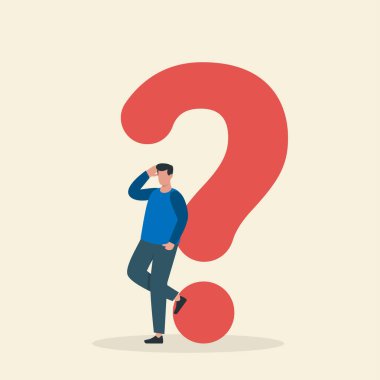 Soru işaretine yaslanan adam. Şüphe ve Karmaşa Konsepti. Vektör illüstrasyonu