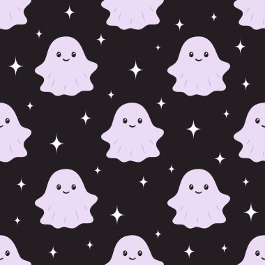 Cadılar bayramının pürüzsüz deseni, siyah arka planda şirin açık mor hayaletler, ambalaj kağıdı için tasarım, tekstil.