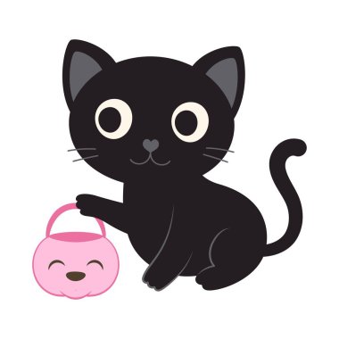 Siyah kedi karakteri ve balkabağı şekilli sepetli cadılar bayramı kartı, düz çizim vektör illüstrasyonu