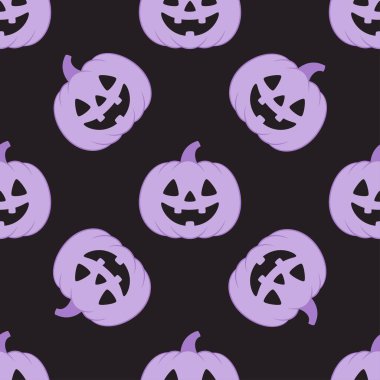 Korkunç oyulmuş kabak kafalı vektör kusursuz desen tasarımı, Cadılar Bayramı süslemesi için sonbahar çizimi, ambalaj kağıdı, arka plan