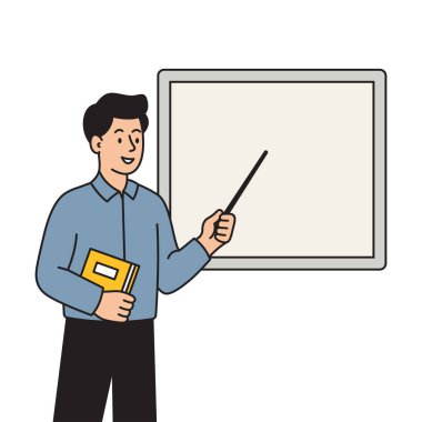Teacher pointing at a whiteboard. Man instructor giving a presentation or lesson. Vector illustration