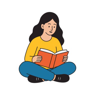 Young woman reading a book sitting. Girl studying or reading. Vector illustration