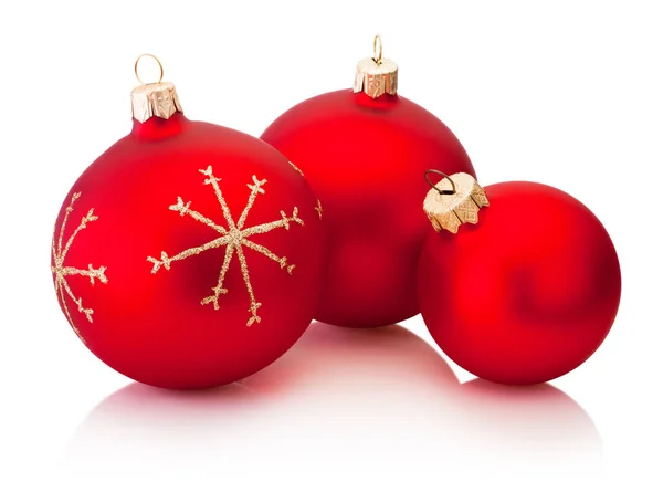 Three Christmas Decoration Red Baubles Isolated White Background — Stock Photo, Image