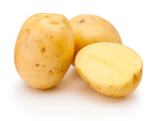 Batatas Cruas Recém Cortadas Meio Isoladas Sobre Fundo Branco — Fotografia de Stock