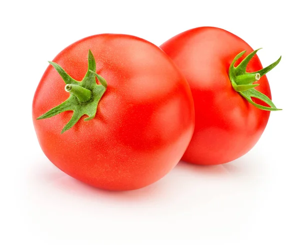 Dvě Zralá Červená Rajčata Zeleniny Izolované Bílém Pozadí Stock Fotografie