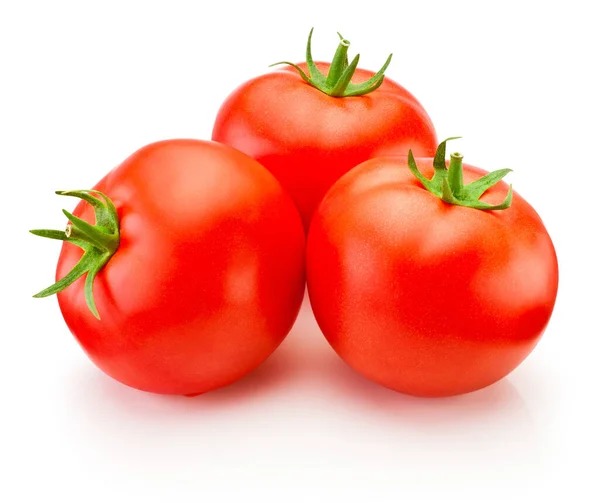 Τρεις Ώριμες Κόκκινες Ντομάτες Απομονωμένες Λευκό Φόντο — Φωτογραφία Αρχείου