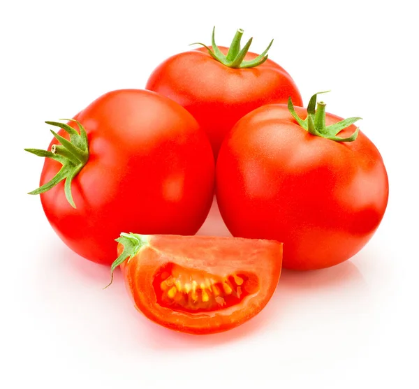 Mogna Röda Tomater Vegetabiliska Med Snitt Isolerad Vit Bakgrund — Stockfoto