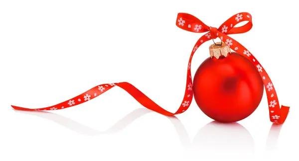 Red Christmas Bauble Ribbon Bow Isolated White Background — Stock Photo, Image