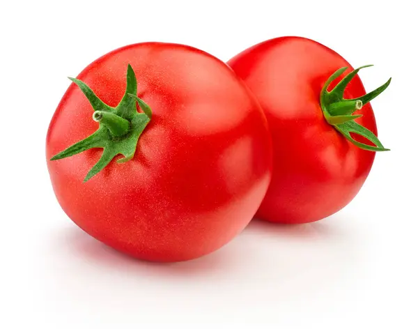 白い背景に隔離された2つの熟した赤いトマトの野菜 ストックフォト