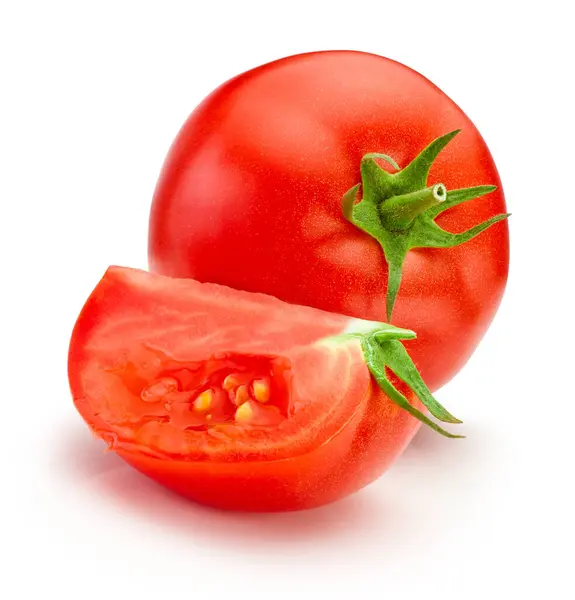 Vegetais Tomates Vermelhos Maduros Com Corte Isolado Fundo Branco Imagens Royalty-Free
