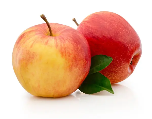 Δύο Ώριμα Κόκκινα Φρούτα Μήλου Και Πράσινα Φύλλα Που Απομονώνονται Εικόνα Αρχείου