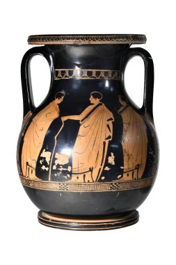 Kalıpları olan antik Yunan vazosu ve beyaz arkaplandaki renklerdeki antik insanların görüntüsü